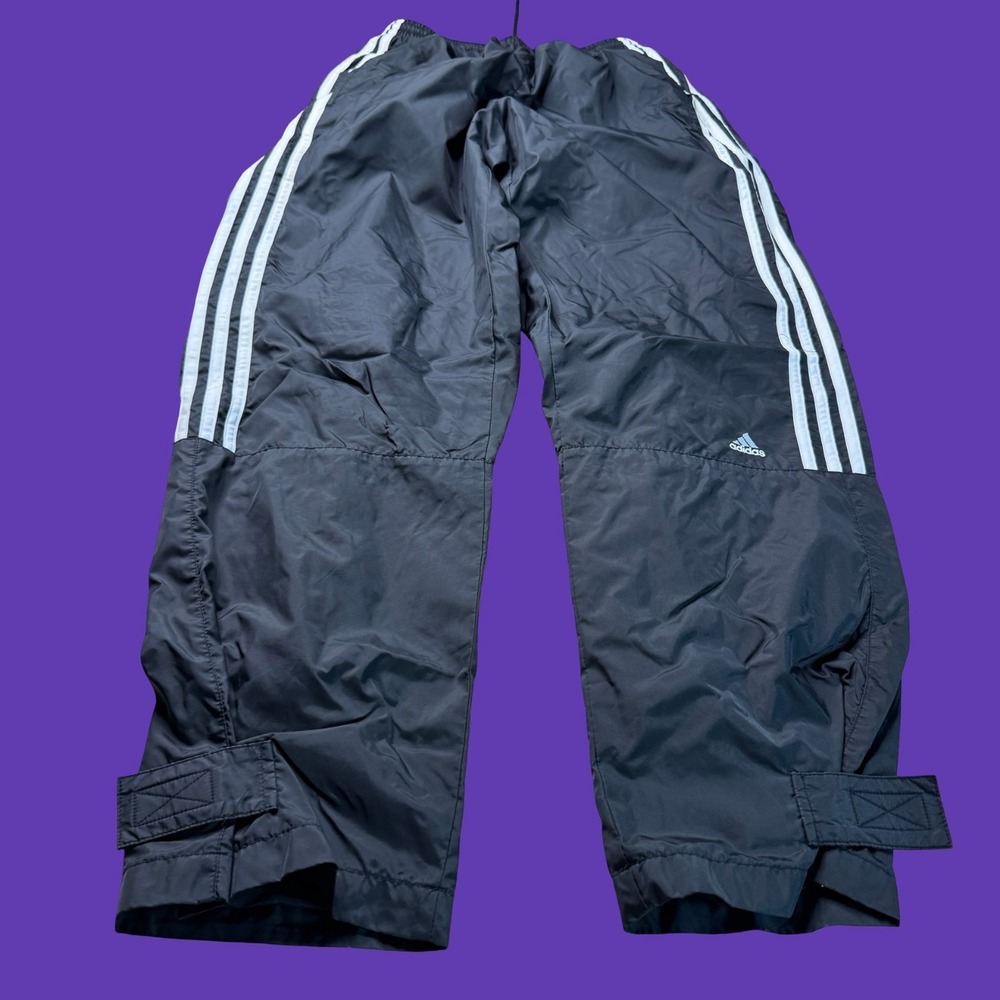 Adidas 3 Stripe Wind Pants Medium Black Nylon Y2K Adjustable Cuff Vintage Y2K
